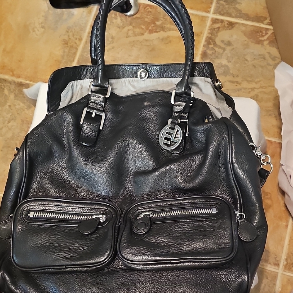 Elliott Lucca Black Leather Satchel with Silver Hardware